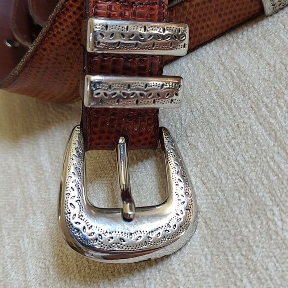 FootJoy Brown Embossed Leather Medallion Studded Men's Belt Silver Buckle & Tip - Picture 2 of 13